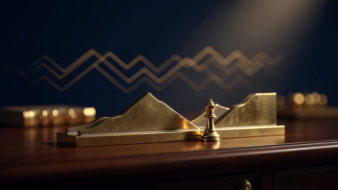 A brass relief of an accumulation trough rising to a peak with an operator piece at the low, illustrating the Wyckoff cycle