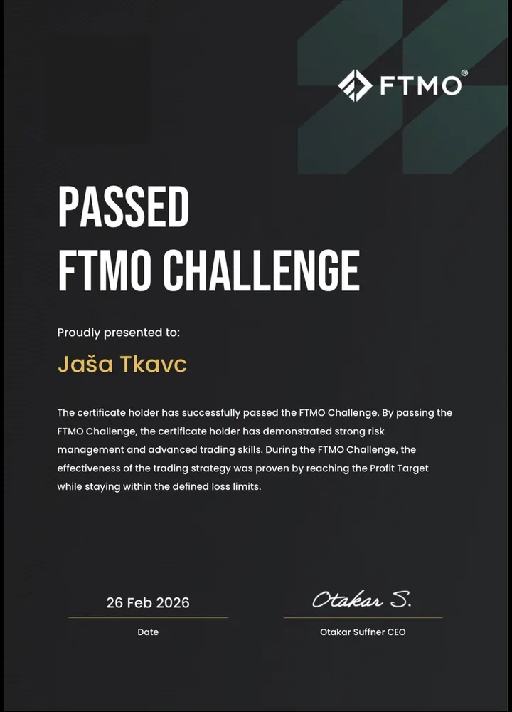 FTMO certificate confirming Jaša Tkavc passed the FTMO Challenge on 26 February 2026