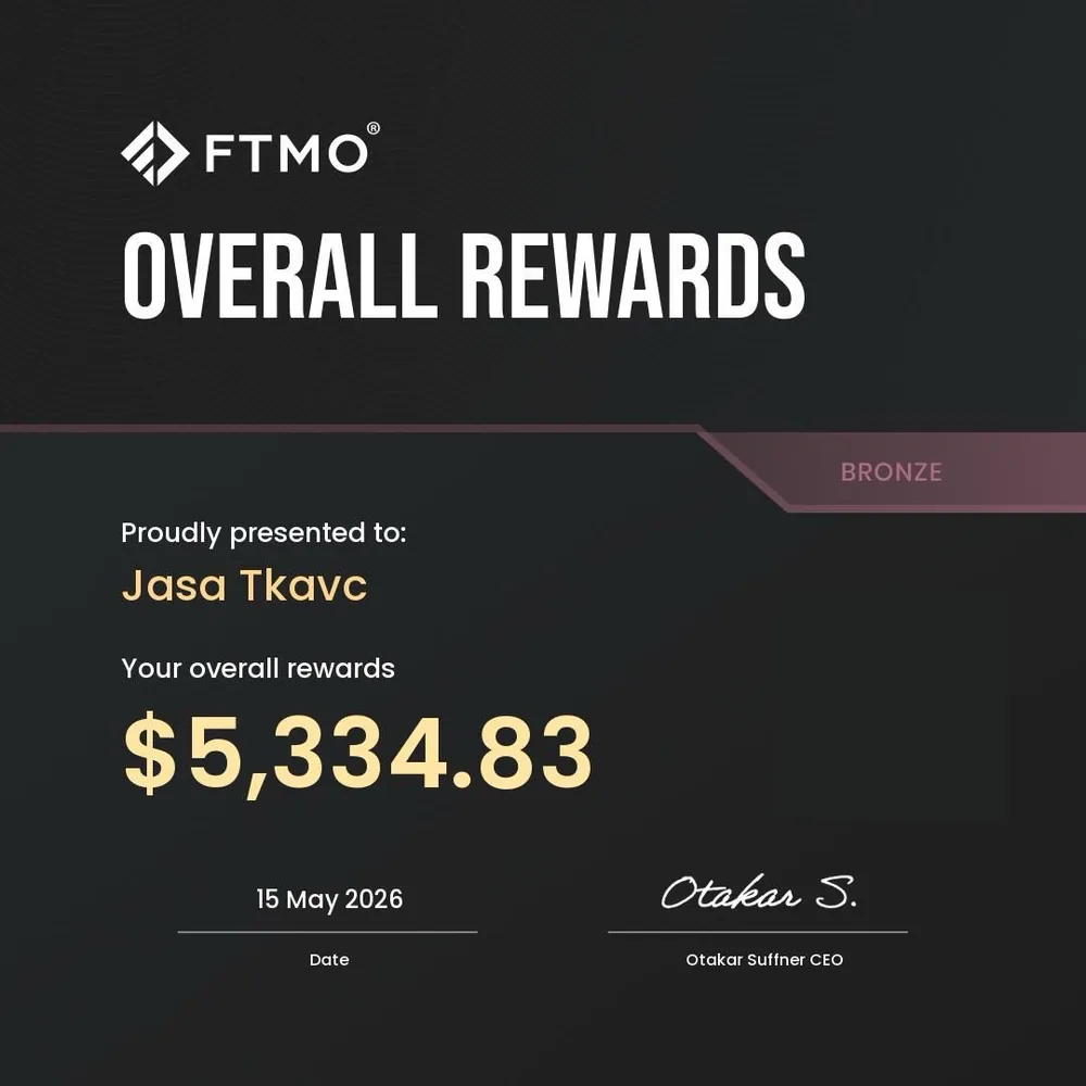 FTMO overall rewards document, Jaša Tkavc, 5,334.83 dollars at Bronze tier dated 15 May 2026