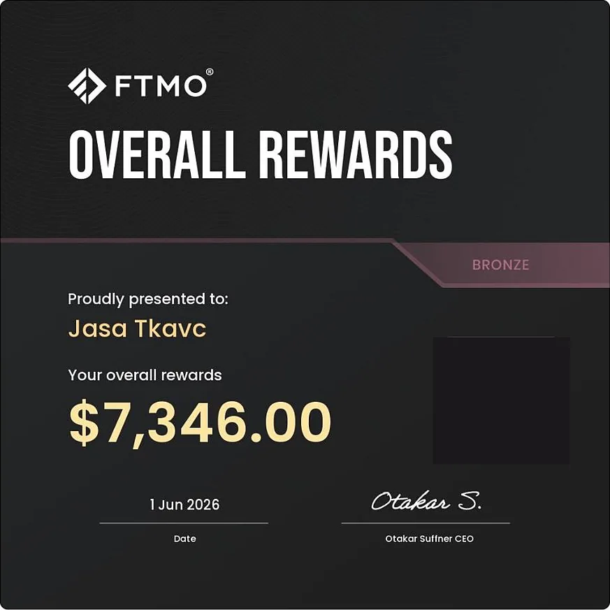 FTMO overall rewards document, Jaša Tkavc, 7,346.00 dollars at Bronze tier dated 1 June 2026