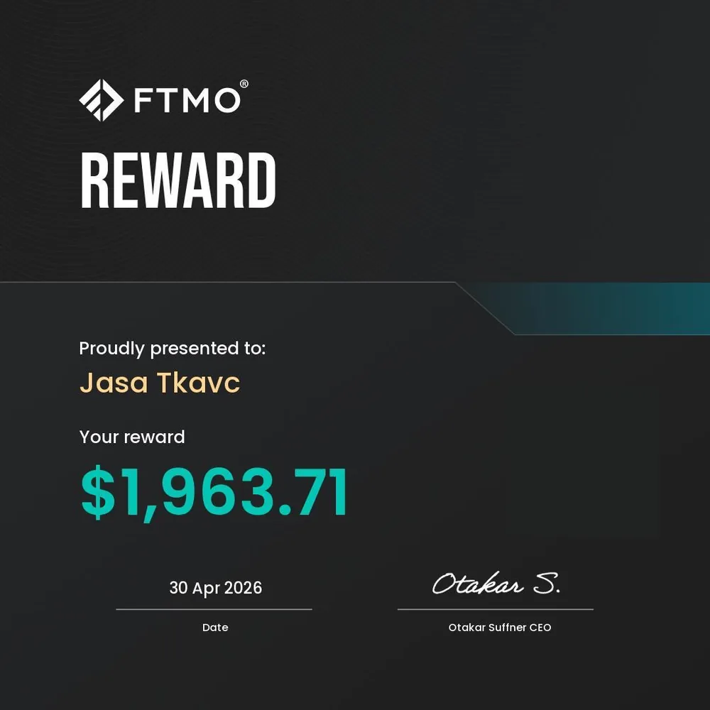 FTMO reward document, Jaša Tkavc, 1,963.71 dollars dated 30 April 2026