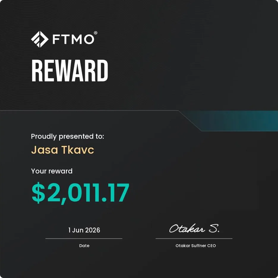 FTMO reward document, Jaša Tkavc, 2,011.17 dollars dated 1 June 2026