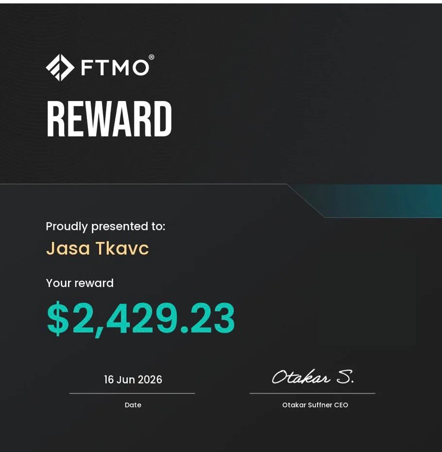FTMO reward document, Jaša Tkavc, 2,429.23 dollars dated 16 June 2026