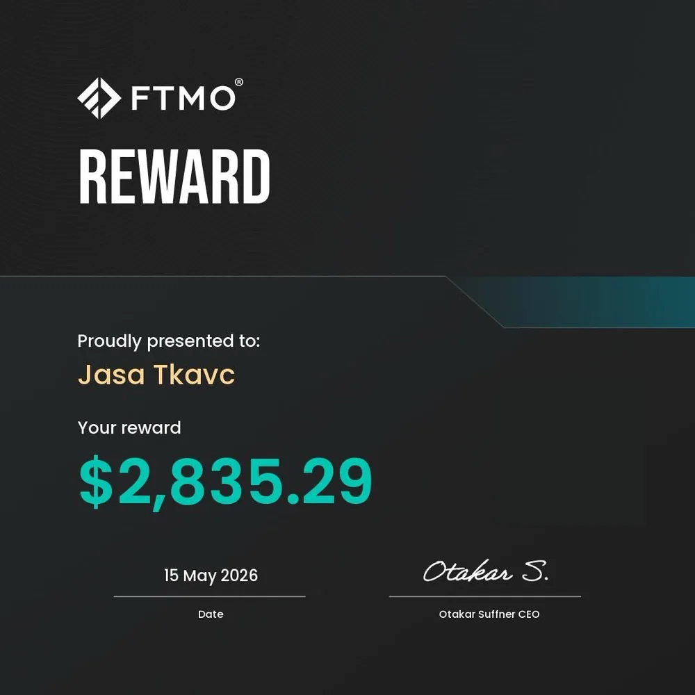 FTMO reward document, Jaša Tkavc, 2,835.29 dollars dated 15 May 2026