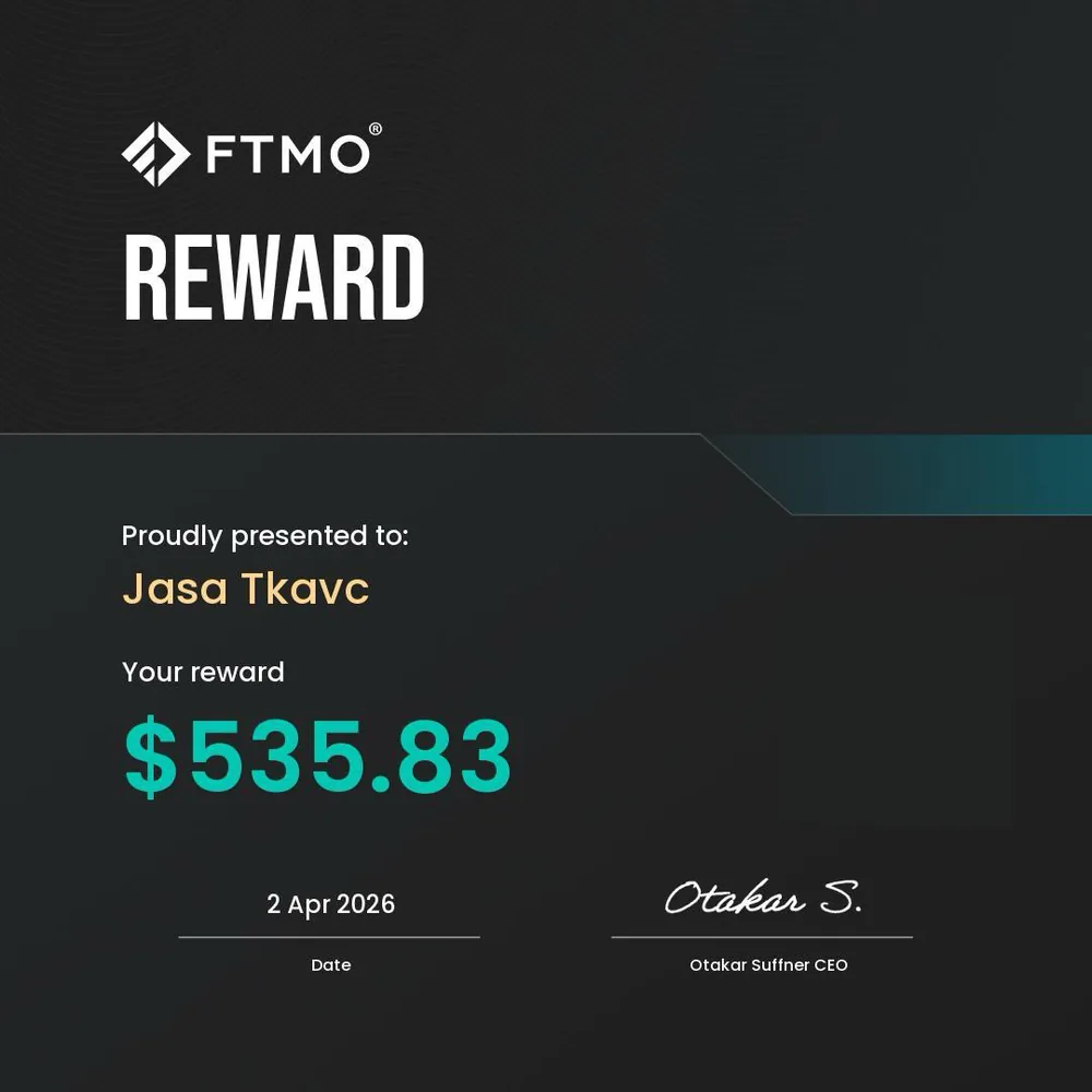 FTMO reward document, Jaša Tkavc, 535.83 dollars dated 2 April 2026