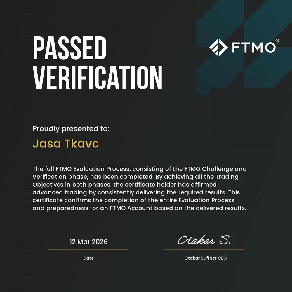 FTMO certificate confirming Jaša Tkavc passed FTMO Verification on 12 March 2026