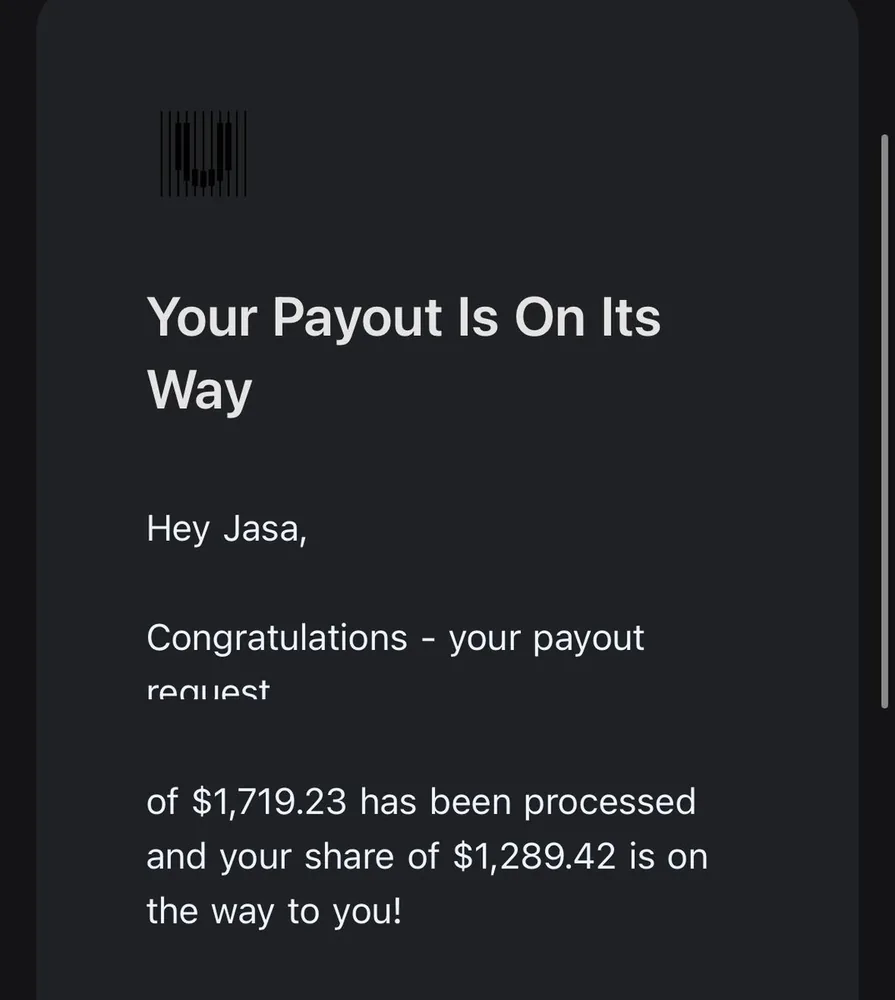 Ufunded payout confirmation for Jaša Tkavc, 1,289.42 dollar share of a 1,719.23 dollar payout, date not visible on source