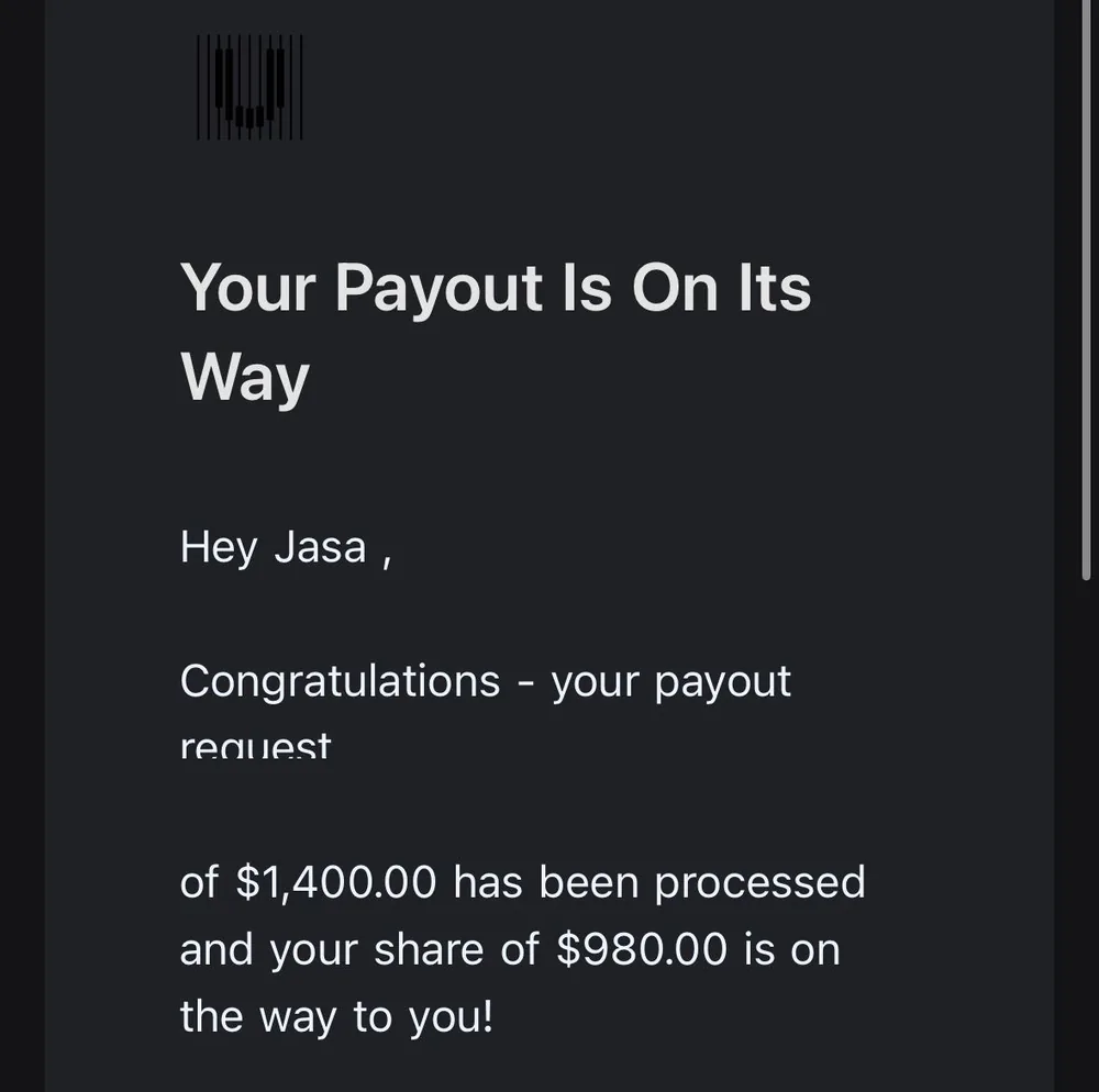 Ufunded payout confirmation for Jaša Tkavc, 980 dollar share of a 1,400 dollar payout, date not visible on source