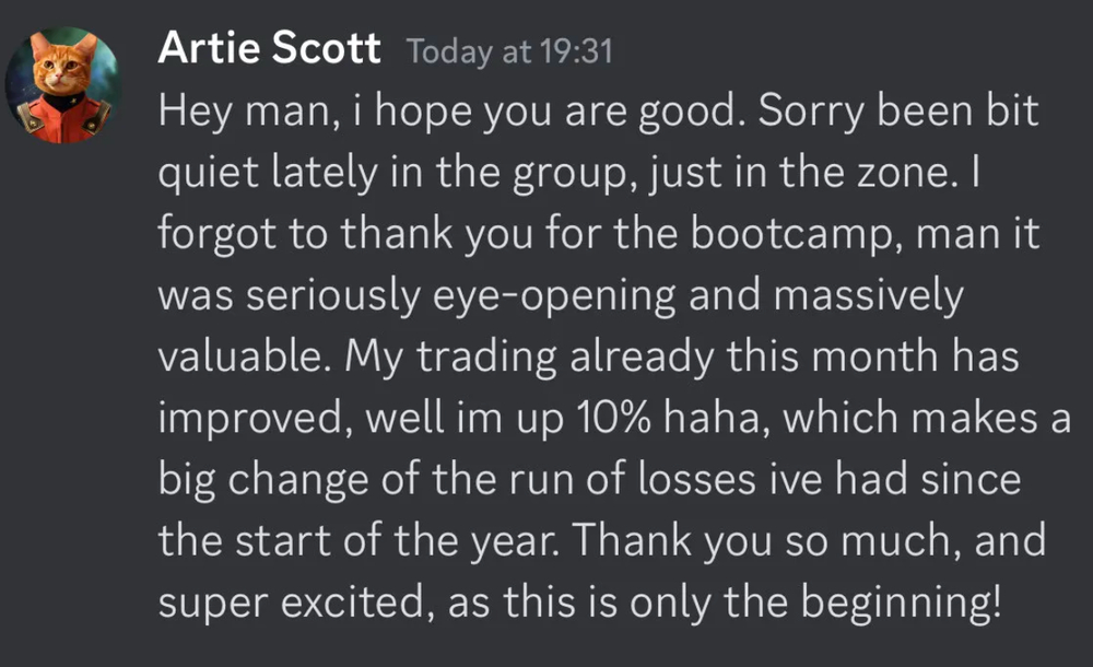 Message from Artie Scott describing a ten per cent monthly gain after the bootcamp