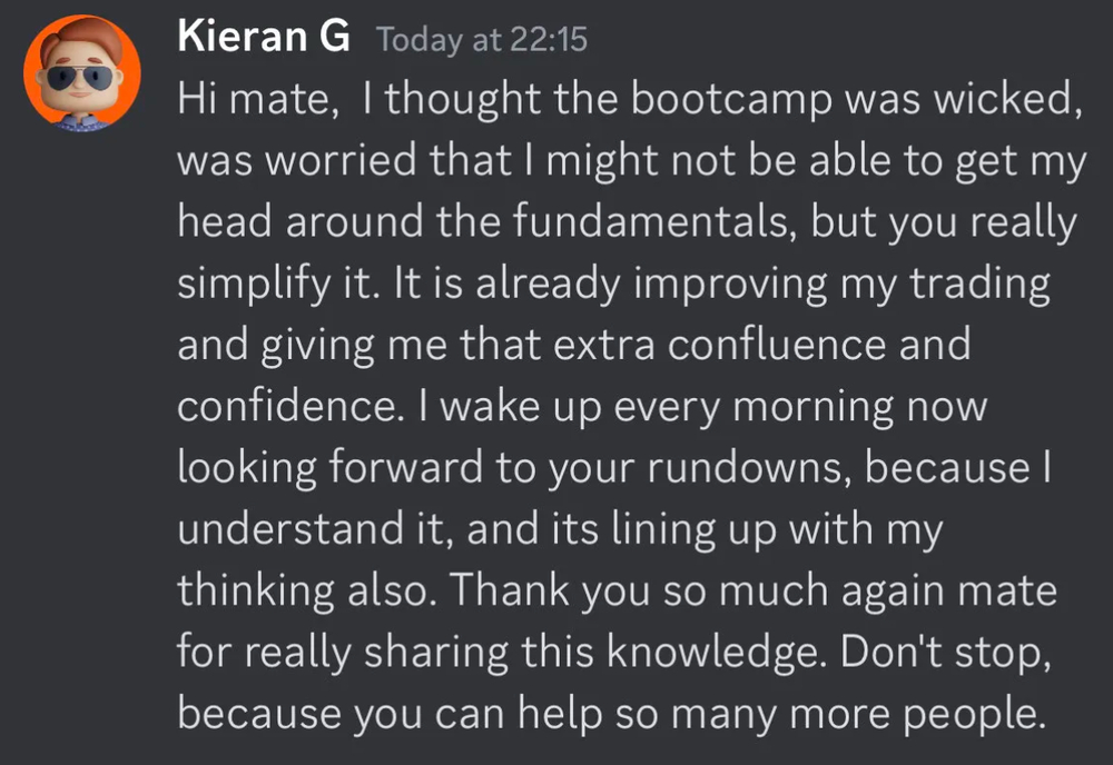 Message from Kieran G describing improved confidence with fundamentals after the bootcamp