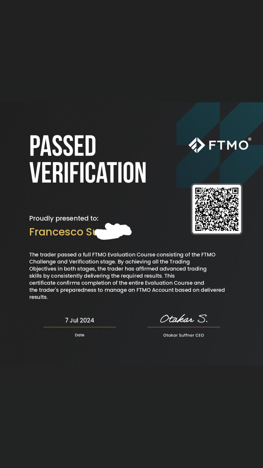 FTMO passed verification certificate, Francesco