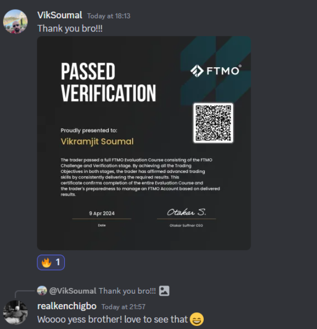 Discord message from Vikramjit Soumal sharing his FTMO passed verification certificate