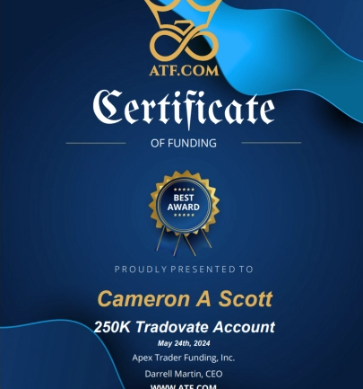 Apex Trader Funding certificate of funding, 250K Tradovate account, Cameron A Scott, May 2024