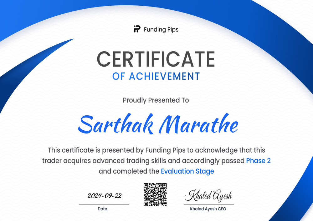 Funding Pips certificate of achievement, Phase 2 and evaluation stage passed, Sarthak Marathe