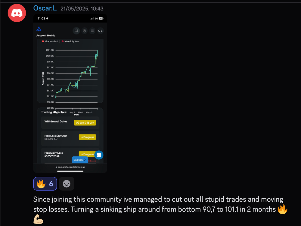 Discord message from Oscar L with an equity curve, from 90.7 to 101.1 in two months after cutting poor trades
