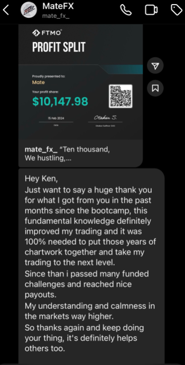 Instagram message from Mate sharing an FTMO profit split of 10,147.98 dollars