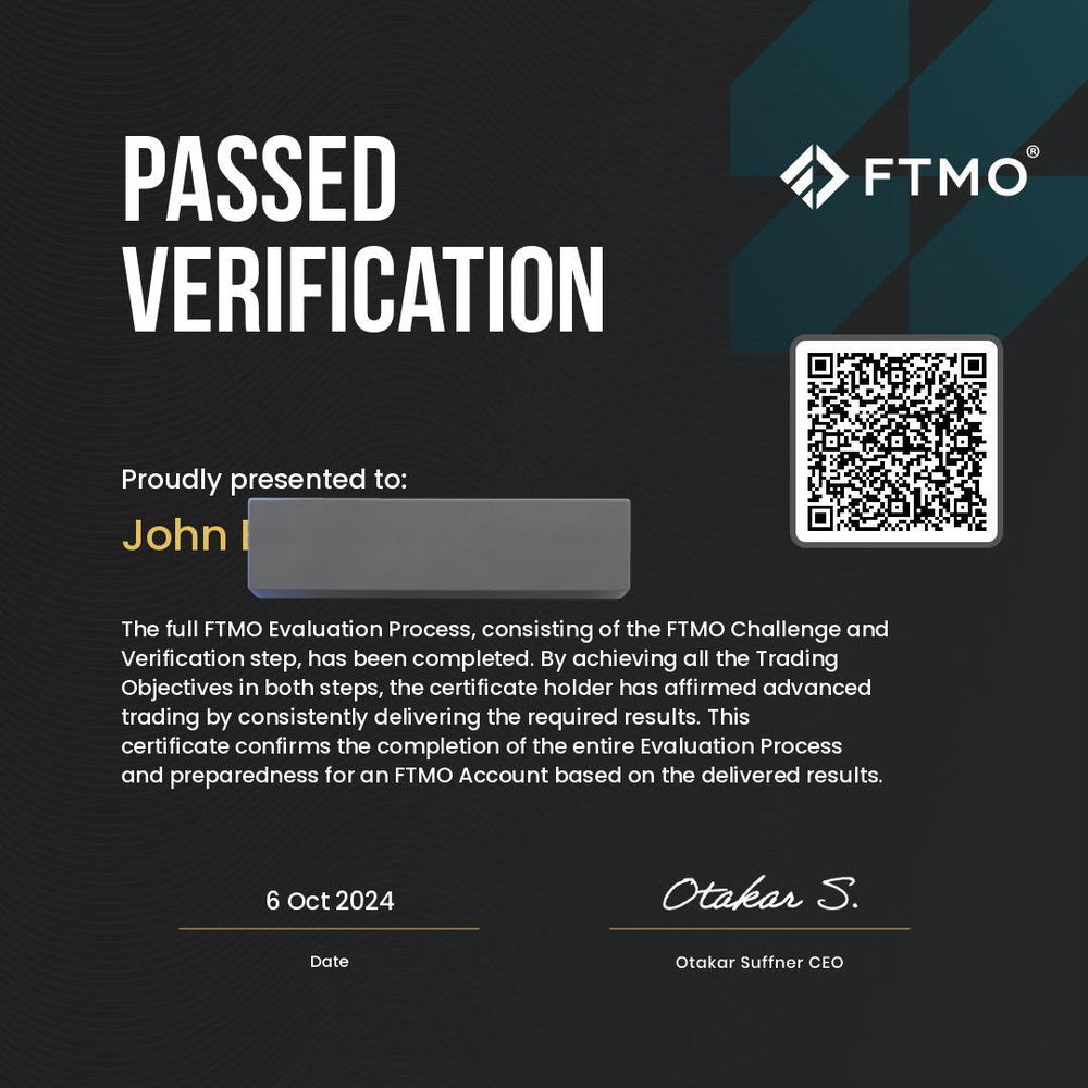 FTMO passed verification certificate, John, 6 October 2024