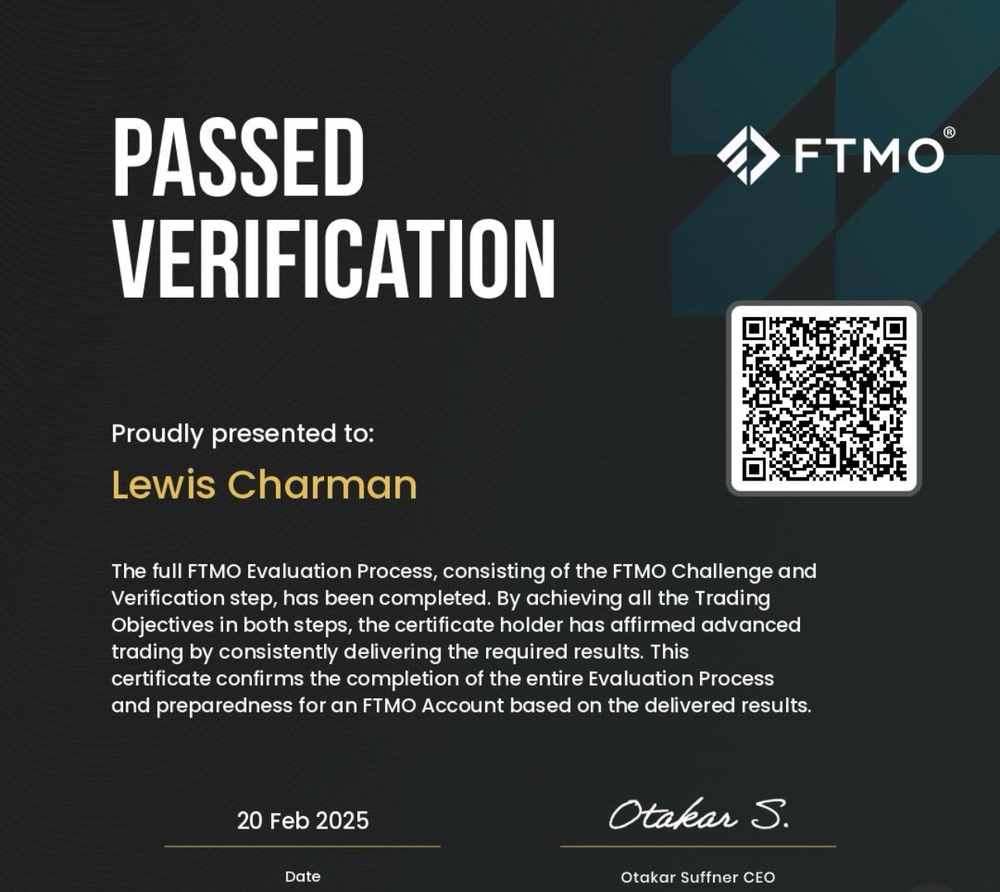FTMO passed verification certificate, Lewis Charman, 20 February 2025