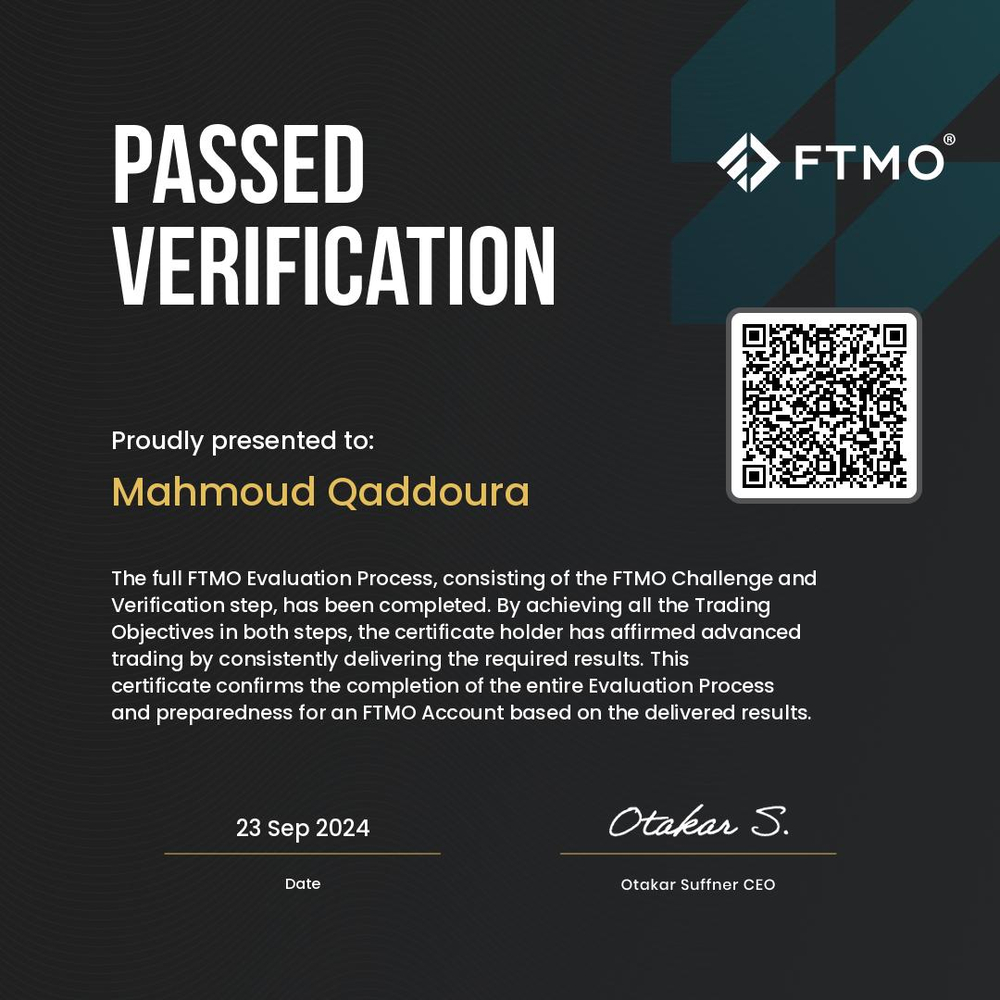 FTMO passed verification certificate, Mahmoud Qaddoura, 23 September 2024