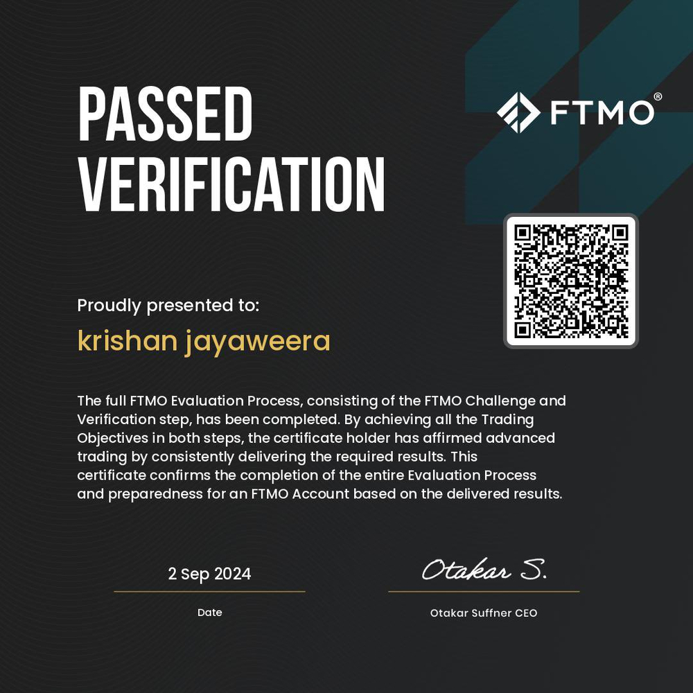 FTMO passed verification certificate, Krishan Jayaweera, 2 September 2024