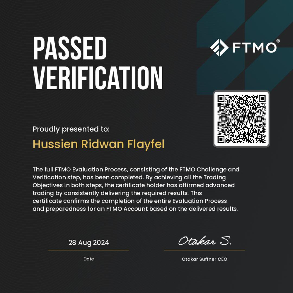 FTMO passed verification certificate, Hussien Ridwan Flayfel, 28 August 2024