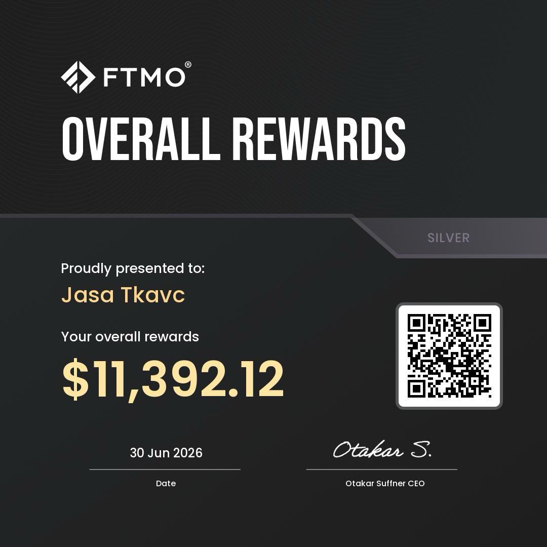 FTMO overall rewards for Jaša Tkavc, 11,392.12 dollars at Silver tier, dated 30 June 2026