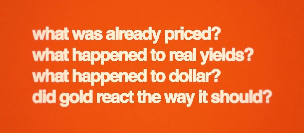 Still from Inside The Read Episode 4 showing four questions: what was already priced, what happened to real yields, what happened to the dollar, and did gold react the way it should.