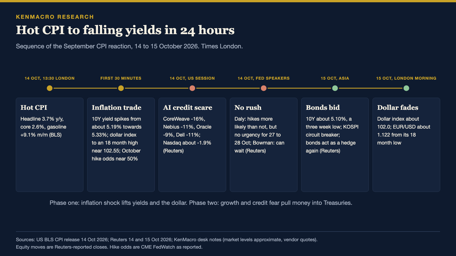 Timeline of the September 2026 CPI reaction: hot CPI at 13:30 London on 14 October, a spike in the 10-year yield towards 5.33% and the dollar to an 18-month high, then an AI stock sell-off, Fed officials playing down an October hike, and by 15 October the 10-year near 5.10% and the dollar lower.